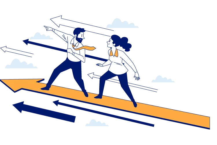 Ilustración de dos personas avanzando sobre flechas ascendentes, con nubes y flechas de dirección